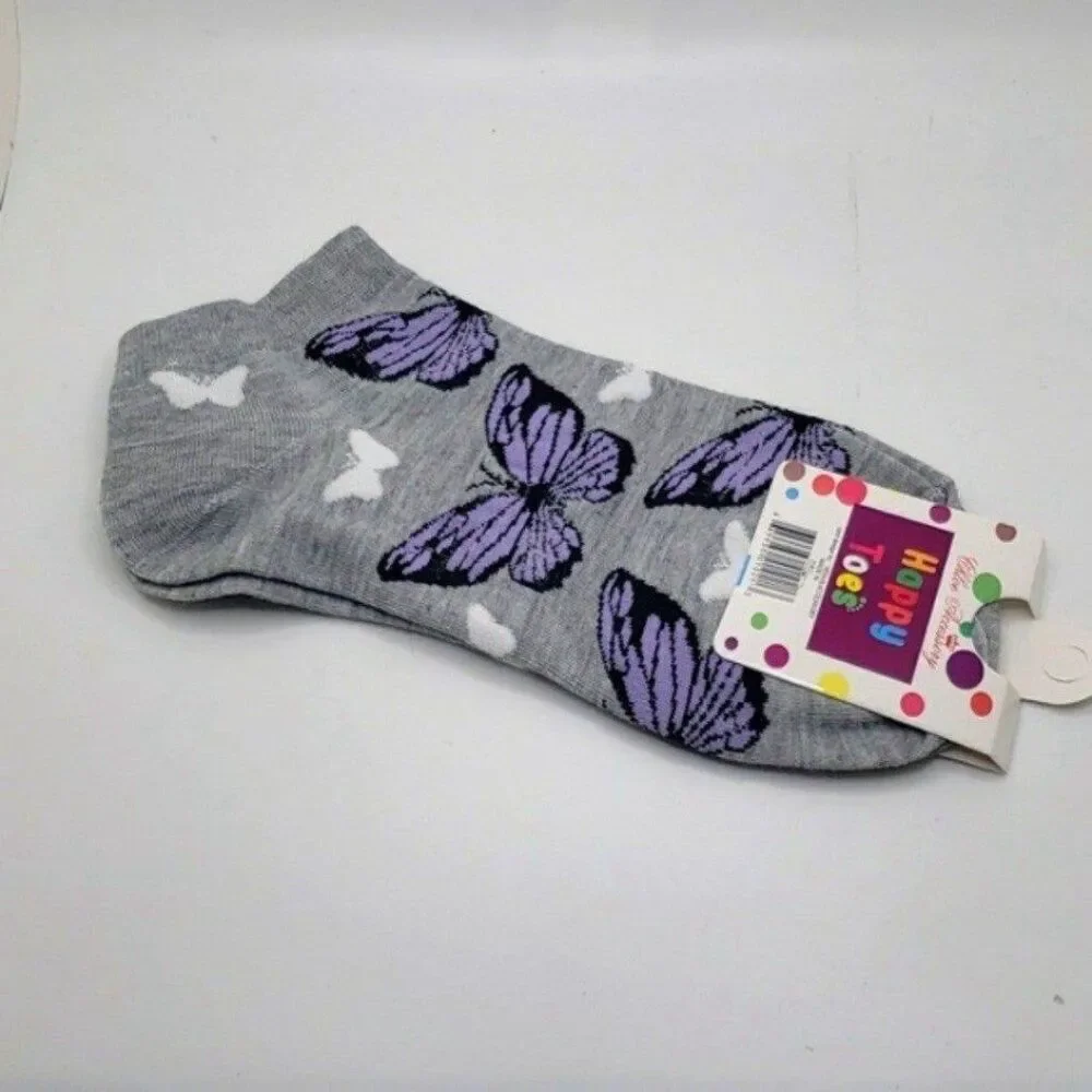 Gray purple butterfly ankle socks